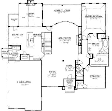 Ranch House Plan 50249 with 4 Beds, 4 Baths, 3 Car Garage First Level Plan