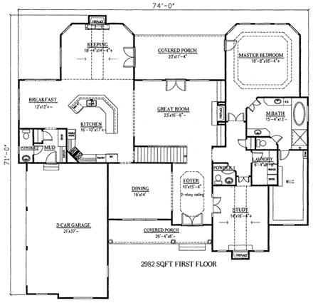 European House Plan 50250 with 4 Beds, 4 Baths, 3 Car Garage First Level Plan