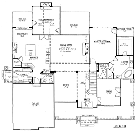 European, Southern, Traditional House Plan 50254 with 4 Beds, 4 Baths, 2 Car Garage First Level Plan