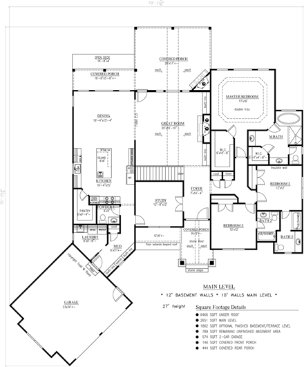 Craftsman, Farmhouse House Plan 50257 with 3 Beds, 3 Baths, 2 Car Garage First Level Plan
