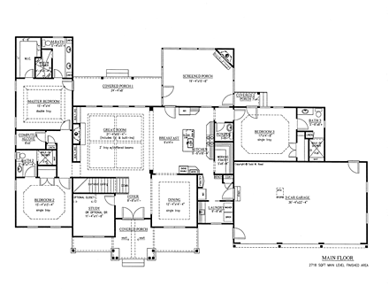 Craftsman, Ranch, Traditional House Plan 50264 with 4 Beds, 3 Baths, 3 Car Garage First Level Plan