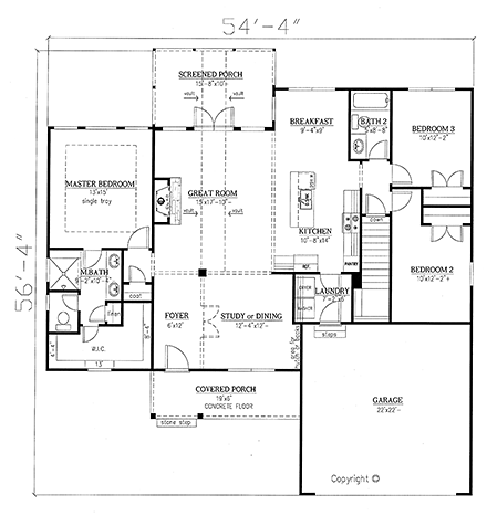 Cottage, Country, Craftsman, Ranch, Southern, Traditional House Plan 50267 with 3 Beds, 2 Baths, 2 Car Garage First Level Plan