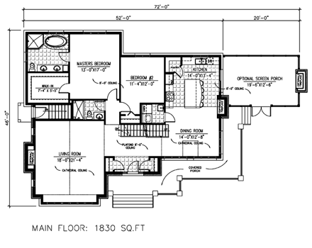 Colonial House Plan 50313 with 3 Beds, 3 Baths First Level Plan