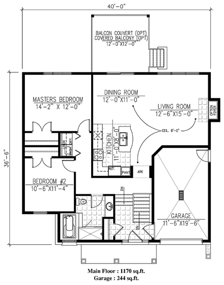 Traditional House Plan 50328 with 2 Beds, 1 Baths, 1 Car Garage First Level Plan