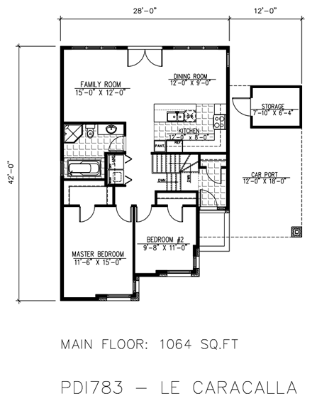 Contemporary House Plan 50332 with 2 Beds, 1 Baths, 1 Car Garage First Level Plan