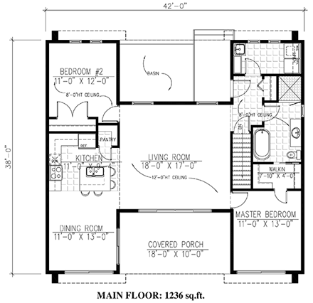 Contemporary House Plan 50336 with 2 Beds, 1 Baths First Level Plan