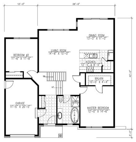 Contemporary House Plan 50340 with 2 Beds, 1 Baths, 1 Car Garage First Level Plan