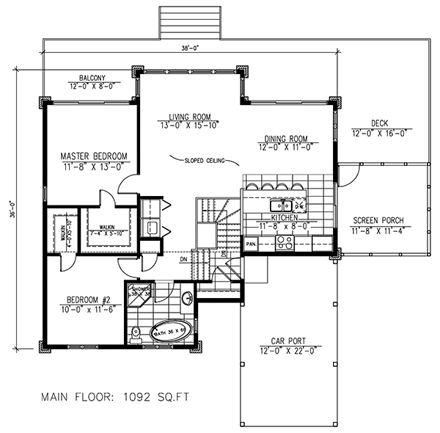 Contemporary House Plan 50351 with 2 Beds, 1 Baths, 1 Car Garage First Level Plan