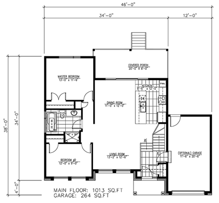 Contemporary House Plan 50355 with 2 Beds, 1 Baths, 1 Car Garage First Level Plan