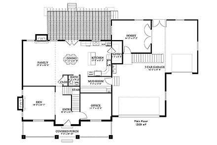 House Plan 50403 with 5 Beds, 4 Baths, 3 Car Garage First Level Plan