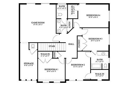 House Plan 50406 with 5 Beds, 4 Baths, 3 Car Garage Second Level Plan