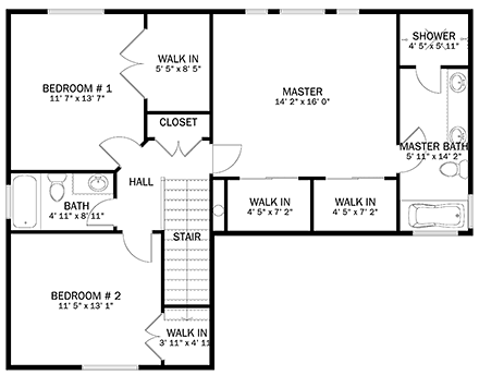 House Plan 50416 with 4 Beds, 4 Baths, 2 Car Garage Second Level Plan