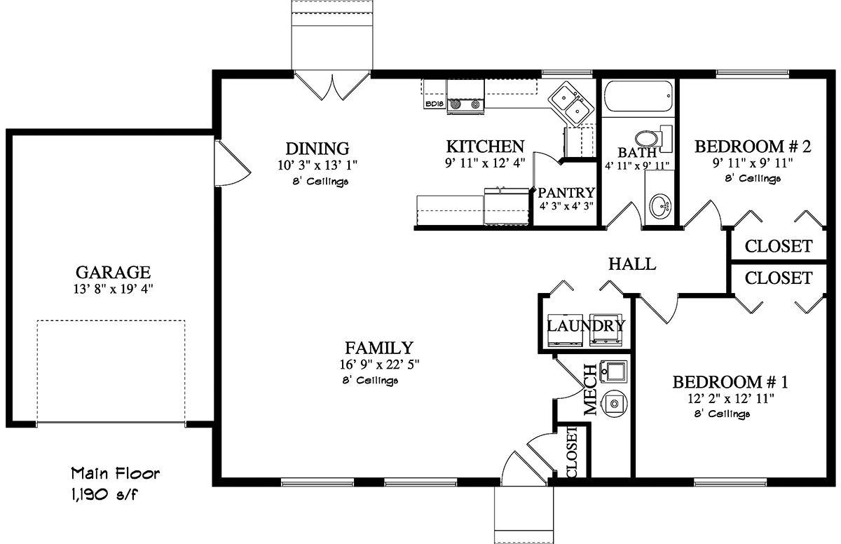 House Plan 50439 with 2 Beds, 1 Baths, 1 Car Garage Level One