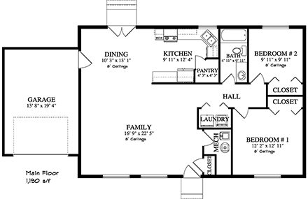 House Plan 50439 with 2 Beds, 1 Baths, 1 Car Garage First Level Plan