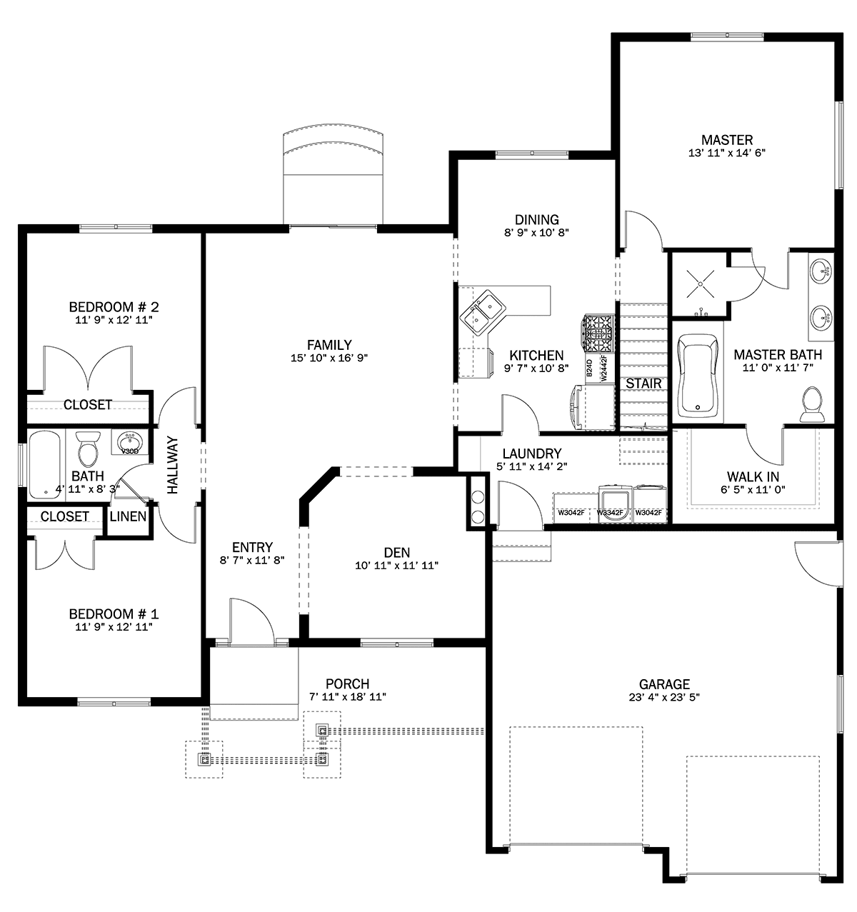 House Plan 50443 with 5 Beds, 3 Baths, 2 Car Garage Level One