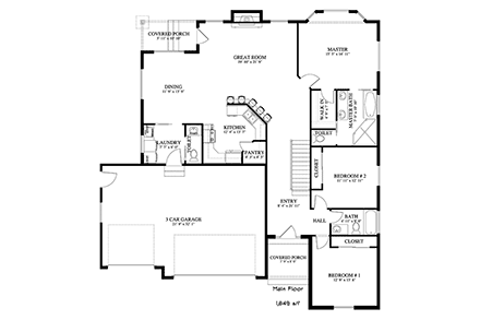 House Plan 50445 with 5 Beds, 4 Baths, 3 Car Garage First Level Plan