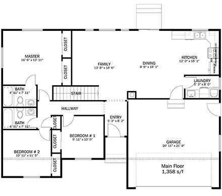 House Plan 50456 with 5 Beds, 3 Baths, 2 Car Garage First Level Plan