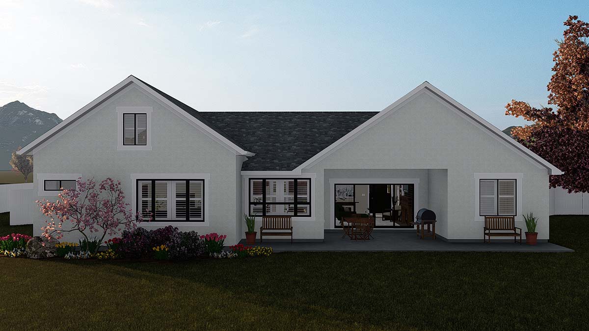 Ranch, Traditional Plan with 1990 Sq. Ft., 4 Bedrooms, 3 Bathrooms, 2 Car Garage Rear Elevation
