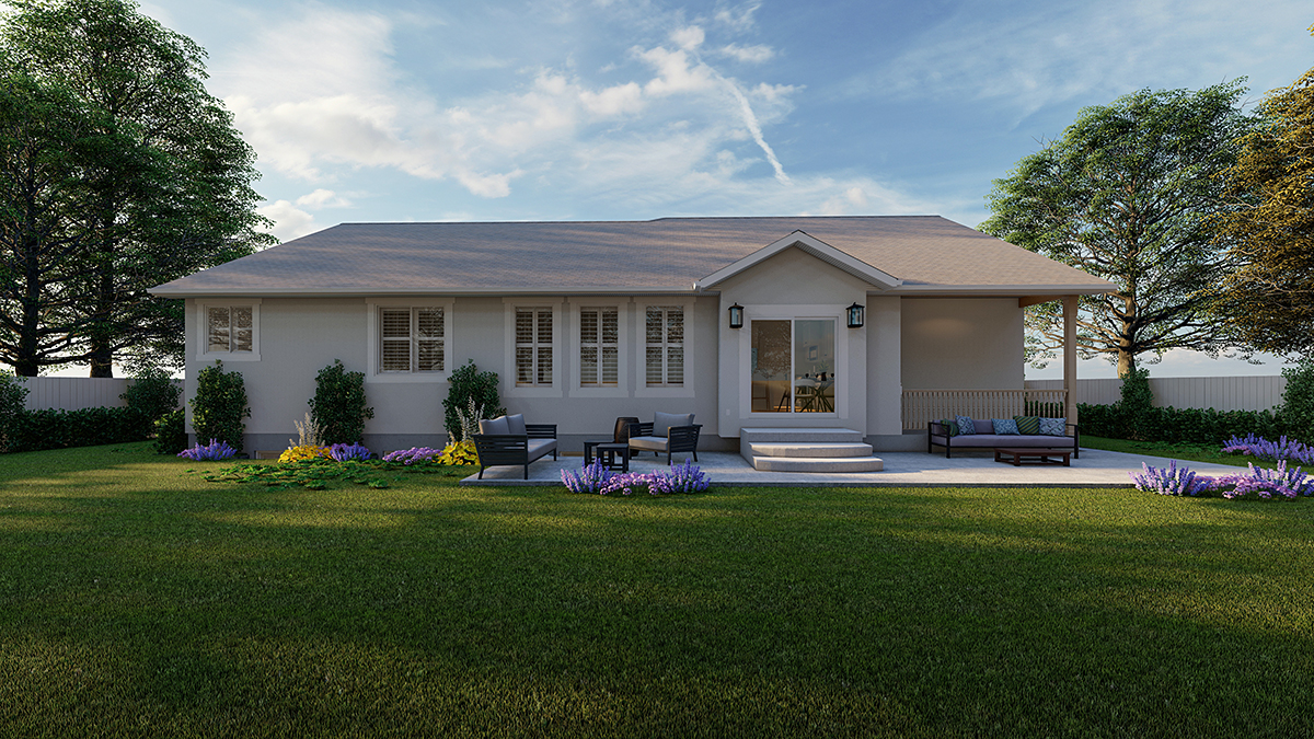 Ranch, Traditional Plan with 1689 Sq. Ft., 3 Bedrooms, 2 Bathrooms, 3 Car Garage Rear Elevation
