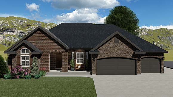 Ranch, Traditional House Plan 50599 with 4 Beds, 3 Baths, 3 Car Garage Elevation