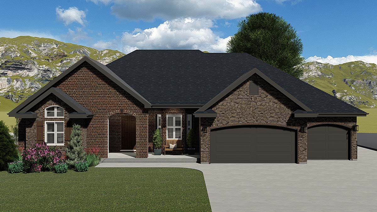 Ranch, Traditional Plan with 2428 Sq. Ft., 4 Bedrooms, 3 Bathrooms, 3 Car Garage Elevation