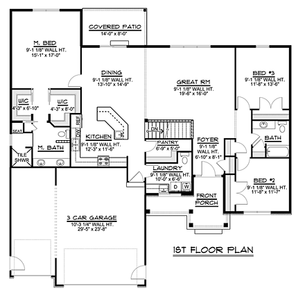 Country, Ranch, Traditional House Plan 50655 with 4 Beds, 3 Baths, 3 Car Garage First Level Plan