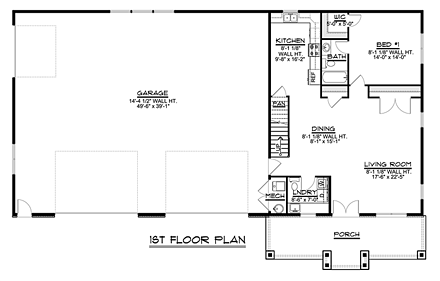Barndominium, Cottage, Country, Craftsman 4 Car Garage Apartment Plan 50661 with 1 Beds, 1 Baths First Level Plan