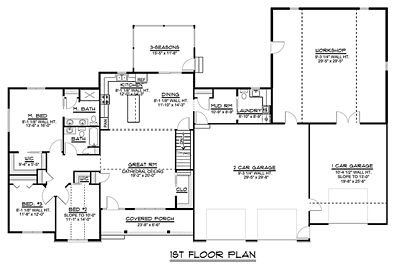 Country, Ranch, Traditional House Plan 50664 with 3 Beds, 2 Baths, 3 Car Garage First Level Plan