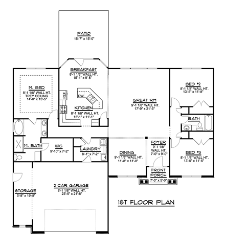 Craftsman, Ranch, Traditional House Plan 50670 with 3 Beds, 2 Baths, 2 Car Garage First Level Plan