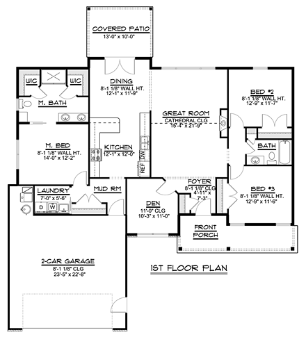 Craftsman, Ranch House Plan 50674 with 3 Beds, 2 Baths, 2 Car Garage First Level Plan
