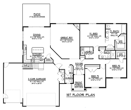 Ranch, Traditional House Plan 50681 with 3 Beds, 3 Baths, 3 Car Garage First Level Plan