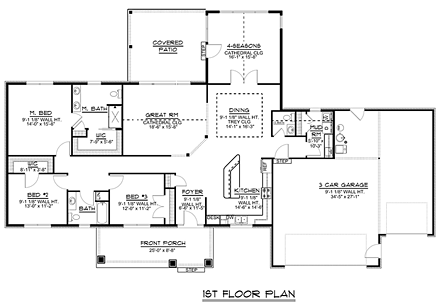 Ranch, Traditional House Plan 50691 with 3 Beds, 3 Baths, 3 Car Garage First Level Plan