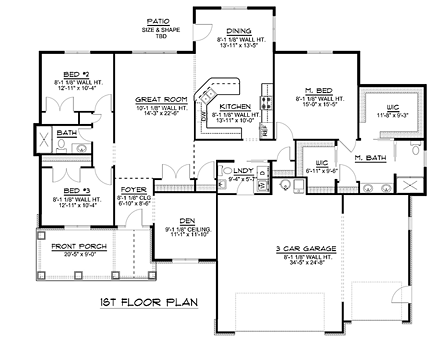 Ranch, Traditional House Plan 50693 with 3 Beds, 3 Baths, 3 Car Garage First Level Plan