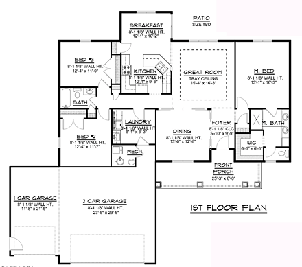 Ranch, Traditional House Plan 50698 with 3 Beds, 2 Baths, 3 Car Garage First Level Plan