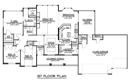 Ranch House Plan 50720 with 3 Beds, 3 Baths, 3 Car Garage First Level Plan