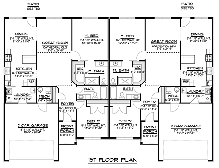 Ranch Multi-Family Plan 50721 with 2 Beds, 2 Baths, 2 Car Garage First Level Plan
