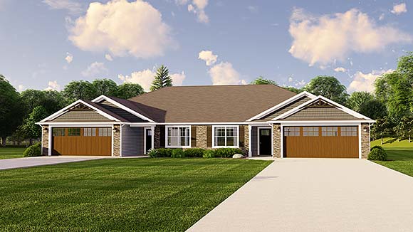 Ranch Multi-Family Plan 50721 with 2 Beds, 2 Baths, 2 Car Garage Elevation