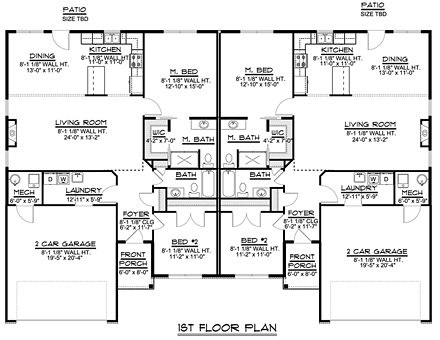 Ranch, Traditional Multi-Family Plan 50723 with 4 Beds, 4 Baths, 4 Car Garage First Level Plan