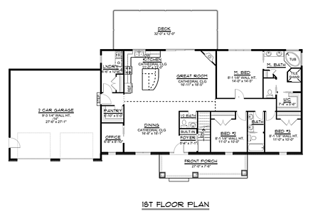 Cottage, Craftsman, Ranch House Plan 50732 with 3 Beds, 3 Baths, 2 Car Garage First Level Plan