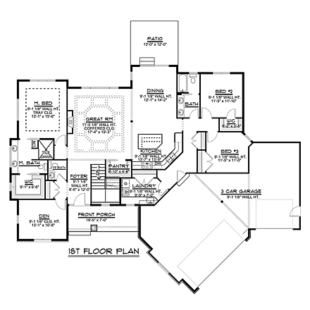 Craftsman, Ranch House Plan 50737 with 3 Beds, 3 Baths, 3 Car Garage First Level Plan