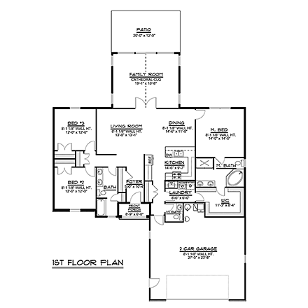 Ranch, Traditional House Plan 50739 with 3 Beds, 3 Baths, 2 Car Garage First Level Plan