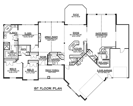 Ranch, Traditional House Plan 50740 with 3 Beds, 4 Baths, 3 Car Garage First Level Plan