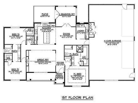 Ranch, Traditional House Plan 50744 with 3 Beds, 3 Baths, 4 Car Garage First Level Plan