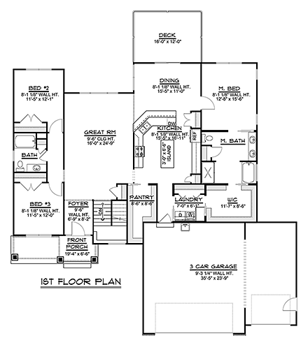 Bungalow, Traditional House Plan 50754 with 4 Beds, 3 Baths, 3 Car Garage First Level Plan
