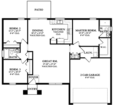 European House Plan 50825 with 3 Beds, 2 Baths, 2 Car Garage First Level Plan