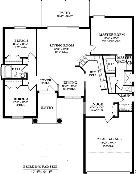Colonial House Plan 50826 with 3 Beds, 2 Baths, 2 Car Garage First Level Plan