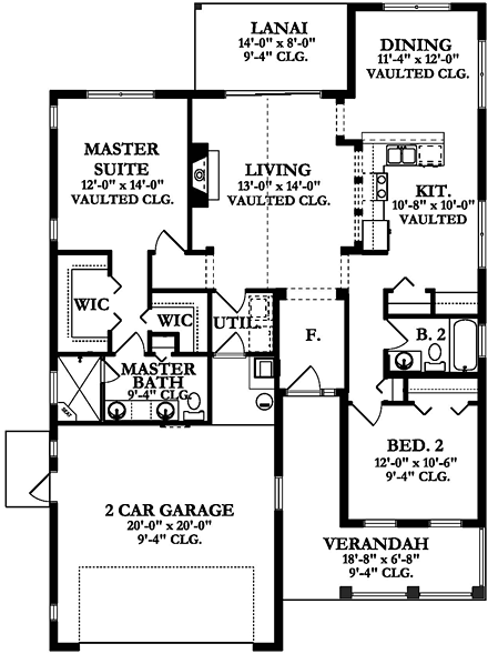 Florida, Traditional House Plan 50868 with 2 Beds, 2 Baths, 2 Car Garage First Level Plan