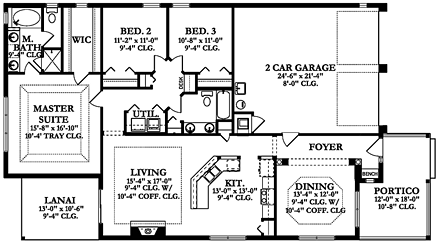 Florida House Plan 50871 with 3 Beds, 2 Baths, 2 Car Garage First Level Plan
