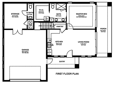 Ranch, Traditional House Plan 50898 with 1 Beds, 2 Baths, 2 Car Garage First Level Plan