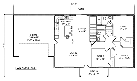 Ranch House Plan 50908 with 3 Beds, 2 Baths, 2 Car Garage First Level Plan